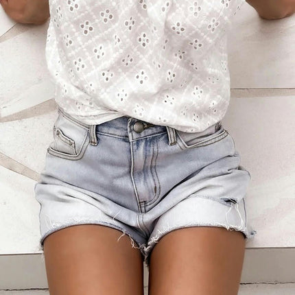 Denim Shorts for Women Mid Rise Ripped Frayed Raw Hem Jean Shorts