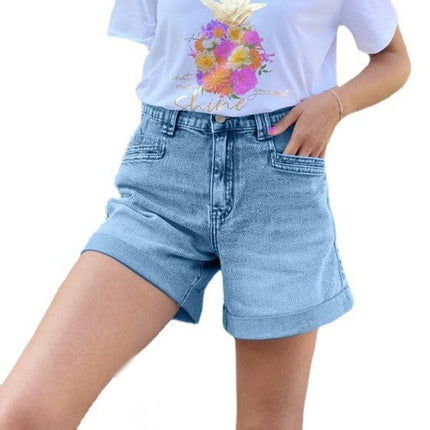 Women's Jean Shorts High Waisted Casual Folded Hem Denim Shorts