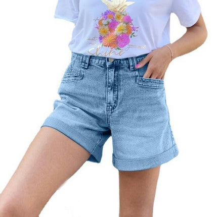 Women's Jean Shorts High Waisted Casual Folded Hem Denim Shorts