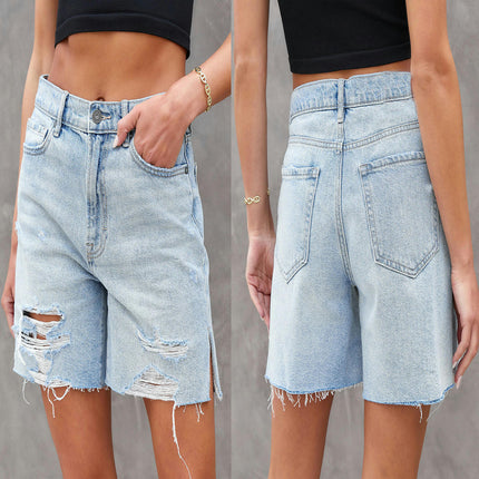 Women's High Waist Distressed Denim Shorts Frayed Raw Hem Ripped Jean Shorts