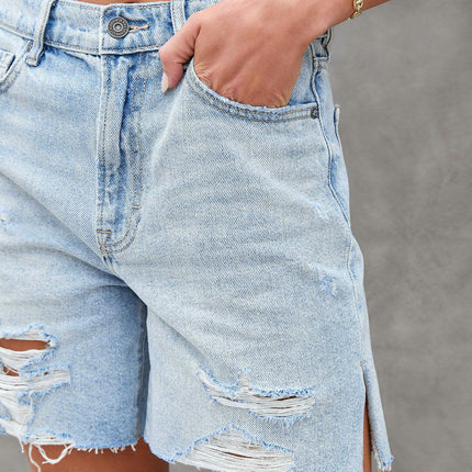 Women's High Waist Distressed Denim Shorts Frayed Raw Hem Ripped Jean Shorts