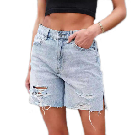 Women's High Waist Distressed Denim Shorts Frayed Raw Hem Ripped Jean Shorts