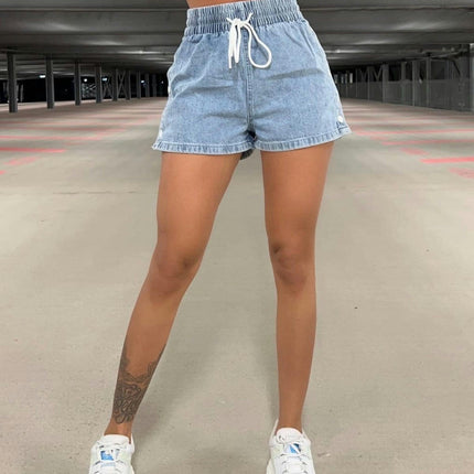 Women Casual Denim Shorts Drawstring Elastic Waist Jean Shorts