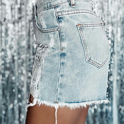 Women Mid Rise Ripped Stretchy Jeans Frayed Raw Hem Casual Tassels Denim Shorts