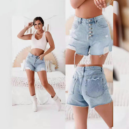 Women's Casual Summer Denim Shorts Mid Waisted Ripped Jean Shorts