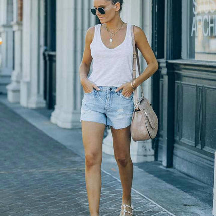 Women's Mid Rise Ripped Jean Shorts Frayed Raw Hem Casual Denim Shorts