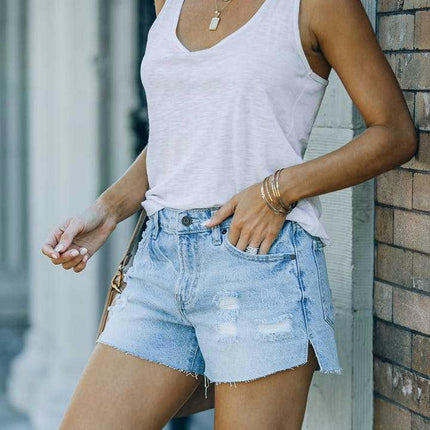 Women's Mid Rise Ripped Jean Shorts Frayed Raw Hem Casual Denim Shorts