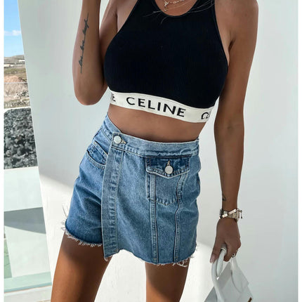 Denim Shorts Women Casual High Waisted Button Up Asymmetrical Denim Jean Skort Skirt Mini Shorts