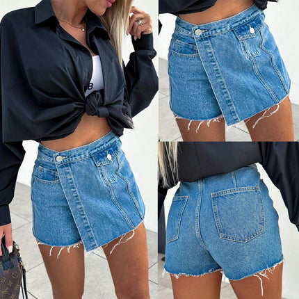 Denim Shorts Women Casual High Waisted Button Up Asymmetrical Denim Jean Skort Skirt Mini Shorts