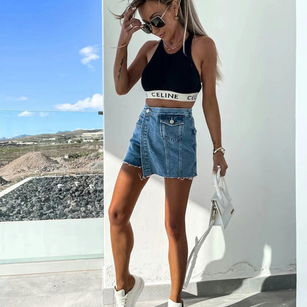 Denim Shorts Women Casual High Waisted Button Up Asymmetrical Denim Jean Skort Skirt Mini Shorts