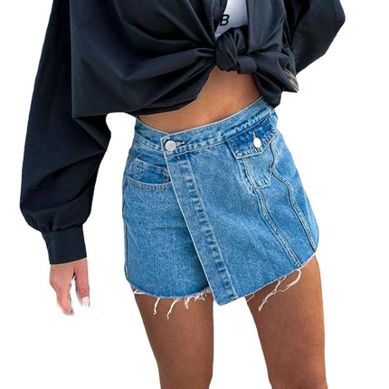 Denim Shorts Women Casual High Waisted Button Up Asymmetrical Denim Jean Skort Skirt Mini Shorts