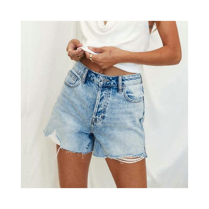 Women Casual Mid Rise Jeans Shorts Frayed Raw Hem Denim Shorts