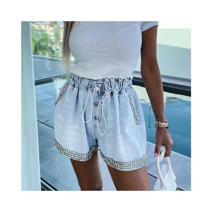 Women's High Waisted Rhinestone Denim Shorts Casual Drawstring Elastic Waist Jean Short