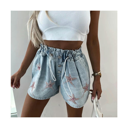 Women's High Waisted Rhinestone Denim Shorts Casual Drawstring Elastic Waist Jean Short