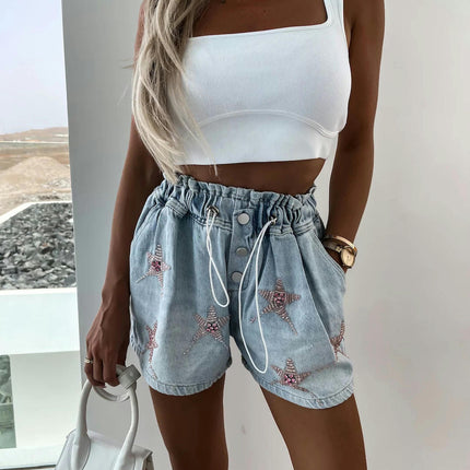 Women's High Waisted Rhinestone Denim Shorts Casual Drawstring Elastic Waist Jean Short