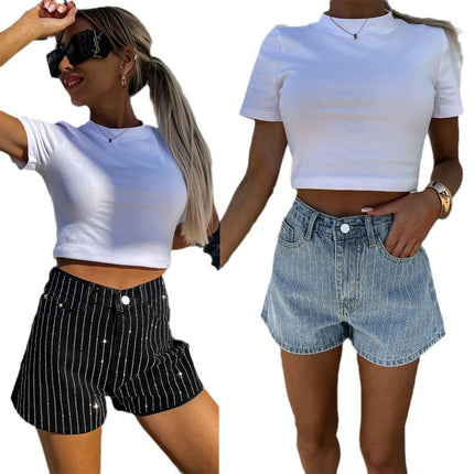 Women's Casual Mid Rise Denim Short Rhinestone Jean Shorts