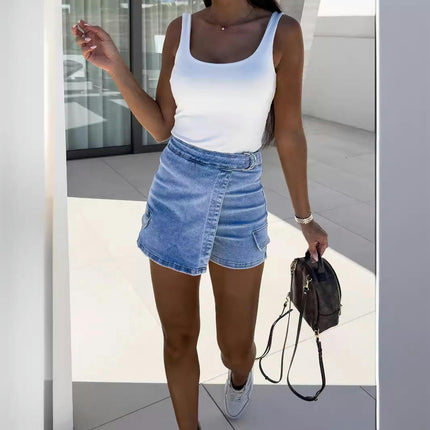 Women Casual High Waisted Asymmetrical Denim Jean Skort Skirt Mini Shorts