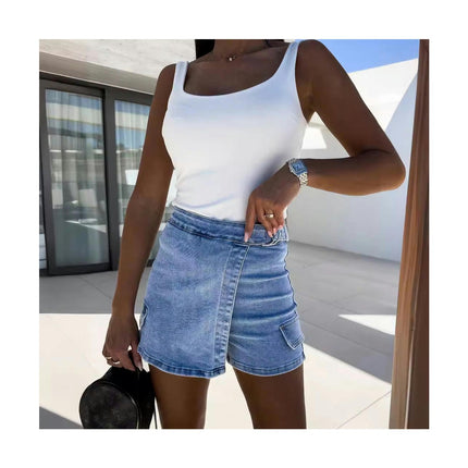 Women Casual High Waisted Asymmetrical Denim Jean Skort Skirt Mini Shorts