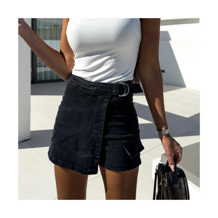 Women Casual High Waisted Asymmetrical Denim Jean Skort Skirt Mini Shorts