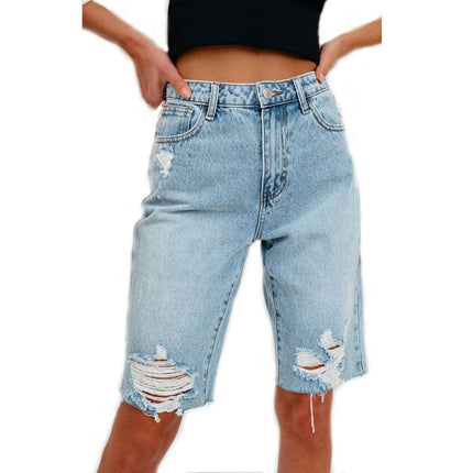 Women's Mid-Rise Denim Bermuda Shorts Ripped Frayed Raw Hem Jean Shorts