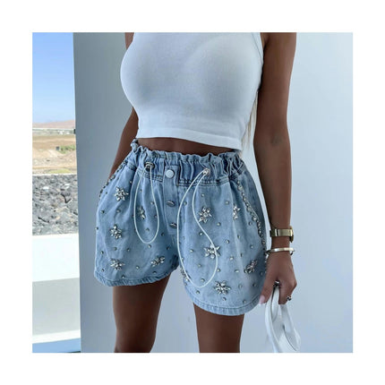 Women's High Waisted Rhinestone Denim Shorts Drawstring Elastic Waist Jean Shorts