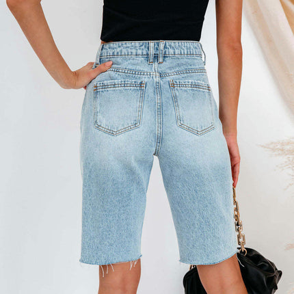 Women's Mid-Rise Denim Bermuda Shorts Ripped Frayed Raw Hem Jean Shorts