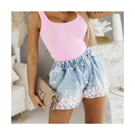 Women's High Waisted Rhinestone Denim Shorts Drawstring Elastic Waist Jean Shorts