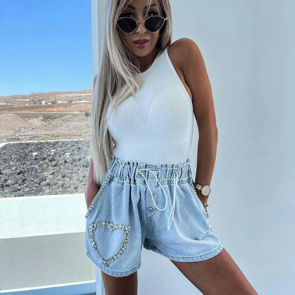 Women's High Waisted Rhinestone Denim Shorts Drawstring Elastic Waist Jean Shorts