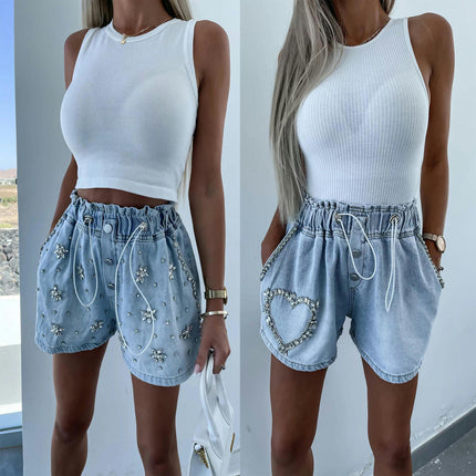 Women's High Waisted Rhinestone Denim Shorts Drawstring Elastic Waist Jean Shorts