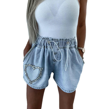 Women's High Waisted Rhinestone Denim Shorts Drawstring Elastic Waist Jean Shorts