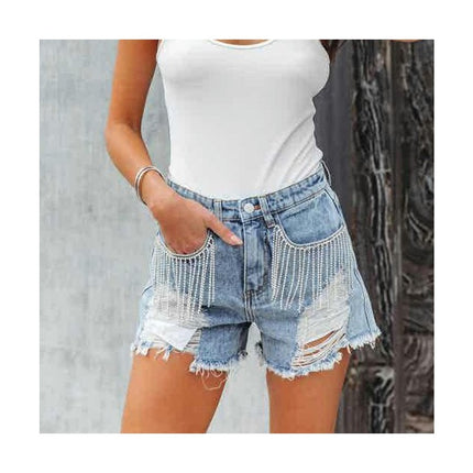 Women Mid Rise Ripped Denim Shorts Frayed Raw Hem Tassels Jean Shorts