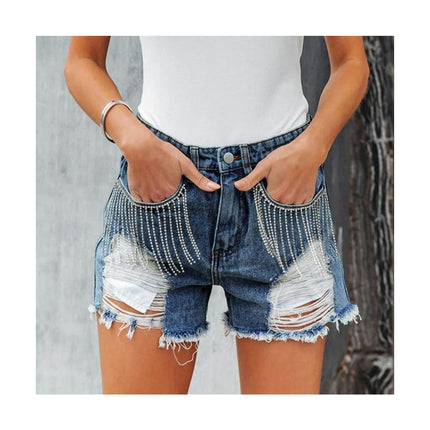 Women Mid Rise Ripped Denim Shorts Frayed Raw Hem Tassels Jean Shorts