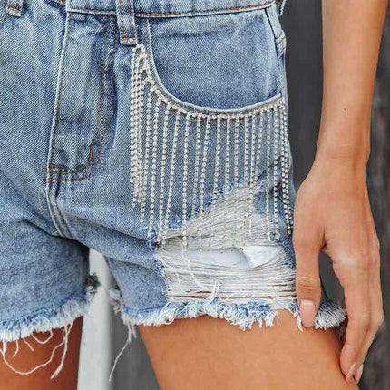 Women Mid Rise Ripped Denim Shorts Frayed Raw Hem Tassels Jean Shorts