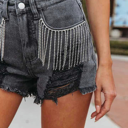 Women Mid Rise Ripped Denim Shorts Frayed Raw Hem Tassels Jean Shorts