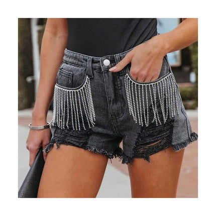 Women Mid Rise Ripped Denim Shorts Frayed Raw Hem Tassels Jean Shorts