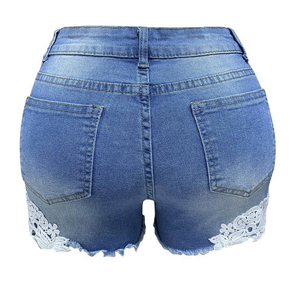 Womens Denim Shorts Casual Mid Rise Lace Hem Jeans Shorts with Pocket