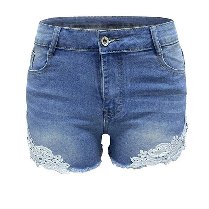 Womens Denim Shorts Casual Mid Rise Lace Hem Jeans Shorts with Pocket