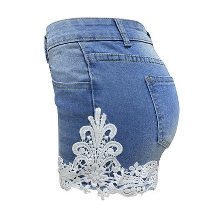 Womens Denim Shorts Casual Mid Rise Lace Hem Jeans Shorts with Pocket