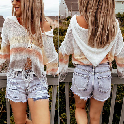 Women's Ripped Denim Shorts Summer Mid Waist Frayed Raw Hem Jeans Shorts