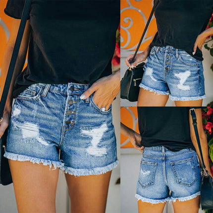 Womens Casual Denim Shorts Mid Waisted Ripped Raw Hem Jean Shorts