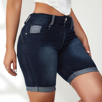 Women's Casual Mid Waisted Shorts Folded Hem Stretch Jean Denim Shorts