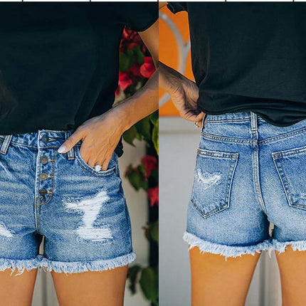 Womens Casual Denim Shorts Mid Waisted Ripped Raw Hem Jean Shorts