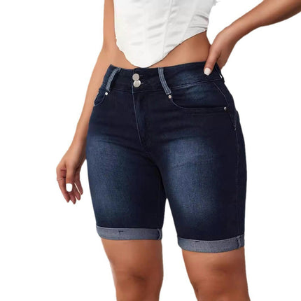 Women's Casual Mid Waisted Shorts Folded Hem Stretch Jean Denim Shorts