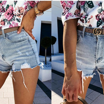 Womens Casual Stretch Denim Jean Shorts Frayed Raw Hem Jean Shorts