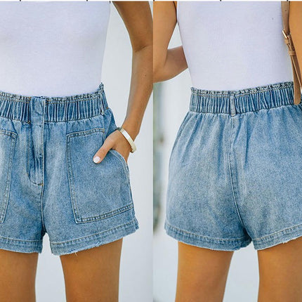 Women Casual Denim Shorts Comfy Elastic Waist Pull On Jean Shorts with Pockets