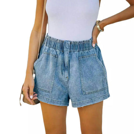 Women Casual Denim Shorts Comfy Elastic Waist Pull On Jean Shorts with Pockets