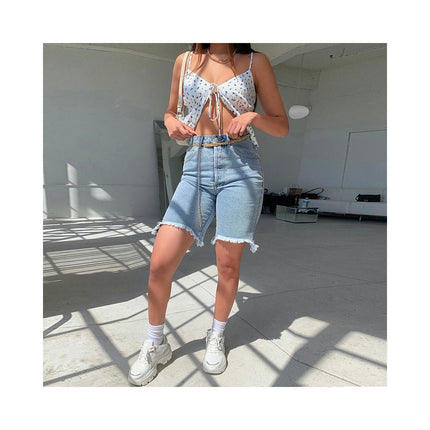 Women's Casual High Waist Straight Leg Jean Shorts Raw Hem Denim Bermuda Shorts