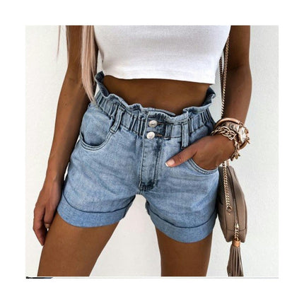 Jean Shorts for Women Casual Elastic Waist Folded Hem Denim Short