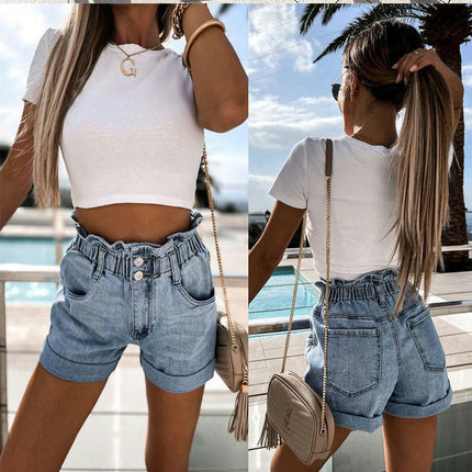 Jean Shorts for Women Casual Elastic Waist Folded Hem Denim Short