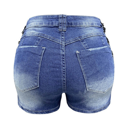 Women's Chain Lace Up High Waist Denim Shorts Casual Skinny Jeans Shorts